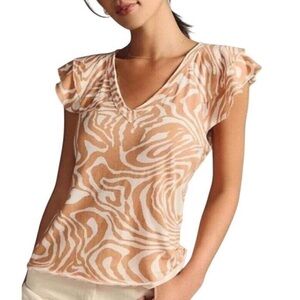 Anthropologie Maeve Burnt Orange and White V-Neck Flutter Sleeve Blouse